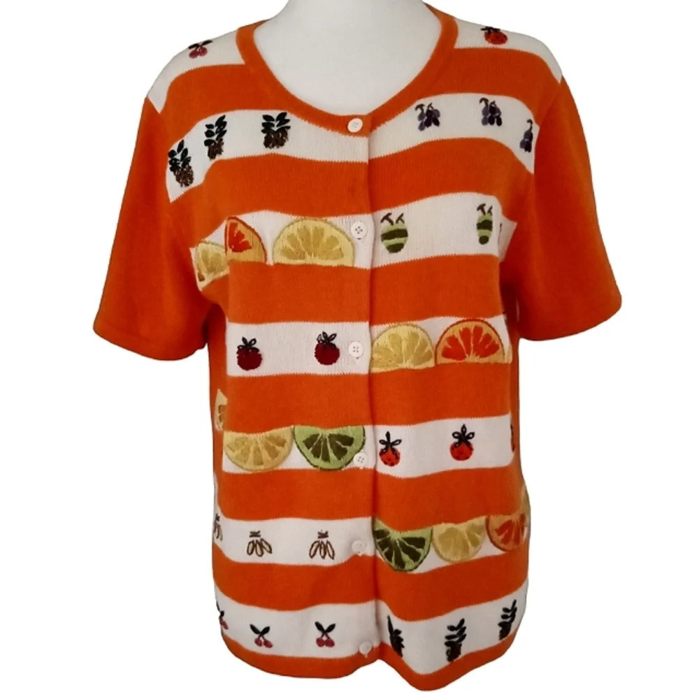 Vintage Great Cavalier Orange White Stripe Fruit Embroidered Knit Top Size Small